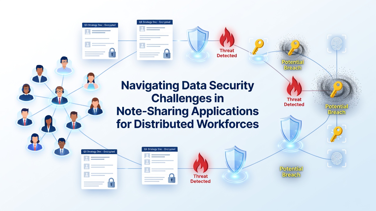 Security dashboard showing encrypted note access logs and permission settings for a remote team