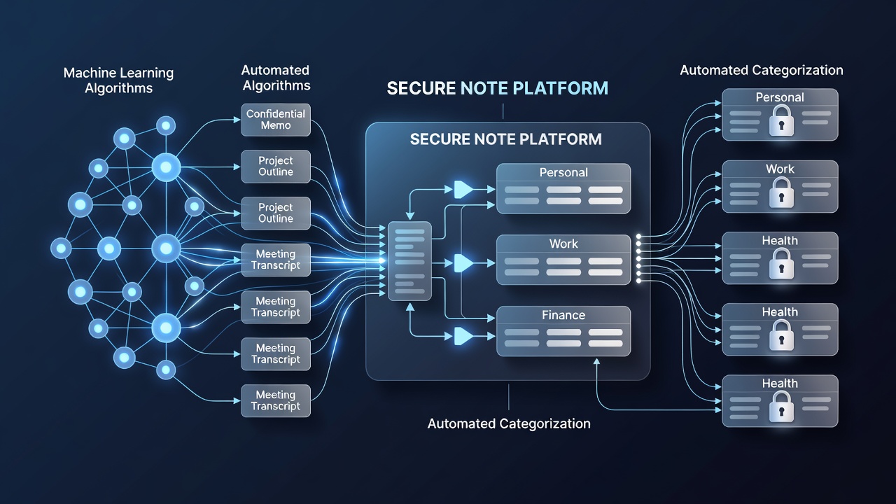 Secure enterprise note platform showing automated categorization results alongside compliance metrics